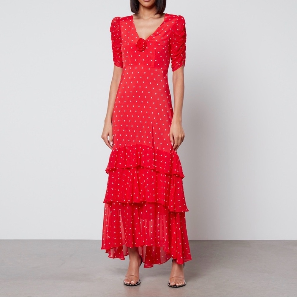 RIXO Red High Low Dress with White polka dots